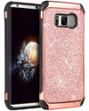BENTOBEN Shockproof Glitter Sparkly Bling 2 in 1 Hybrid Hard PC Shiny Faux Leather Chrome Protective Case for Samsung Galaxy S8 2017 (5.8 Inch), Rose Gold - BENTOBEN