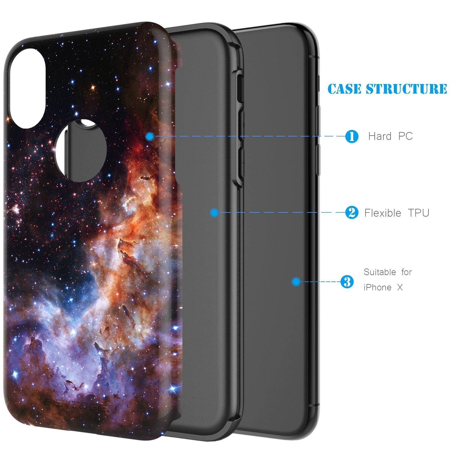 BENTOBEN Case for Apple iPhone XS 2018 / iPhone X / 10, Stylish Nebula  Stars Space Design Phone Cover Dual Layer Heavy Duty Protective Shockproof  